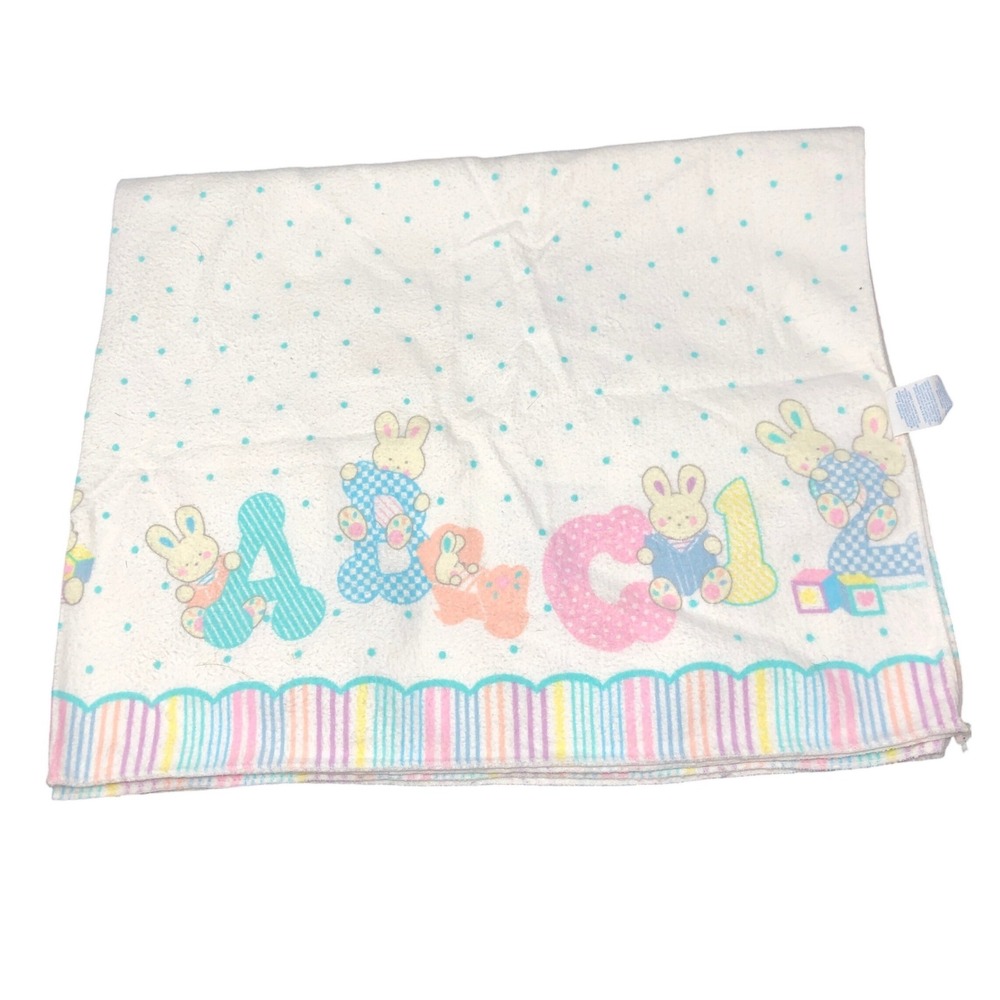Vintage Carters Baby Receiving Blanket White ABC 123 Bunnies Pastel Cotton 30x40